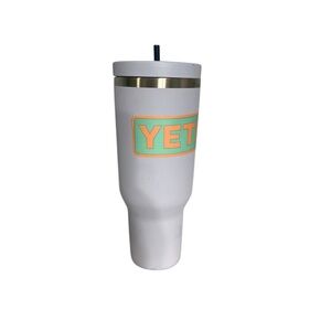 YETI White Tumbler with Blue Straw and Vibrant Logo